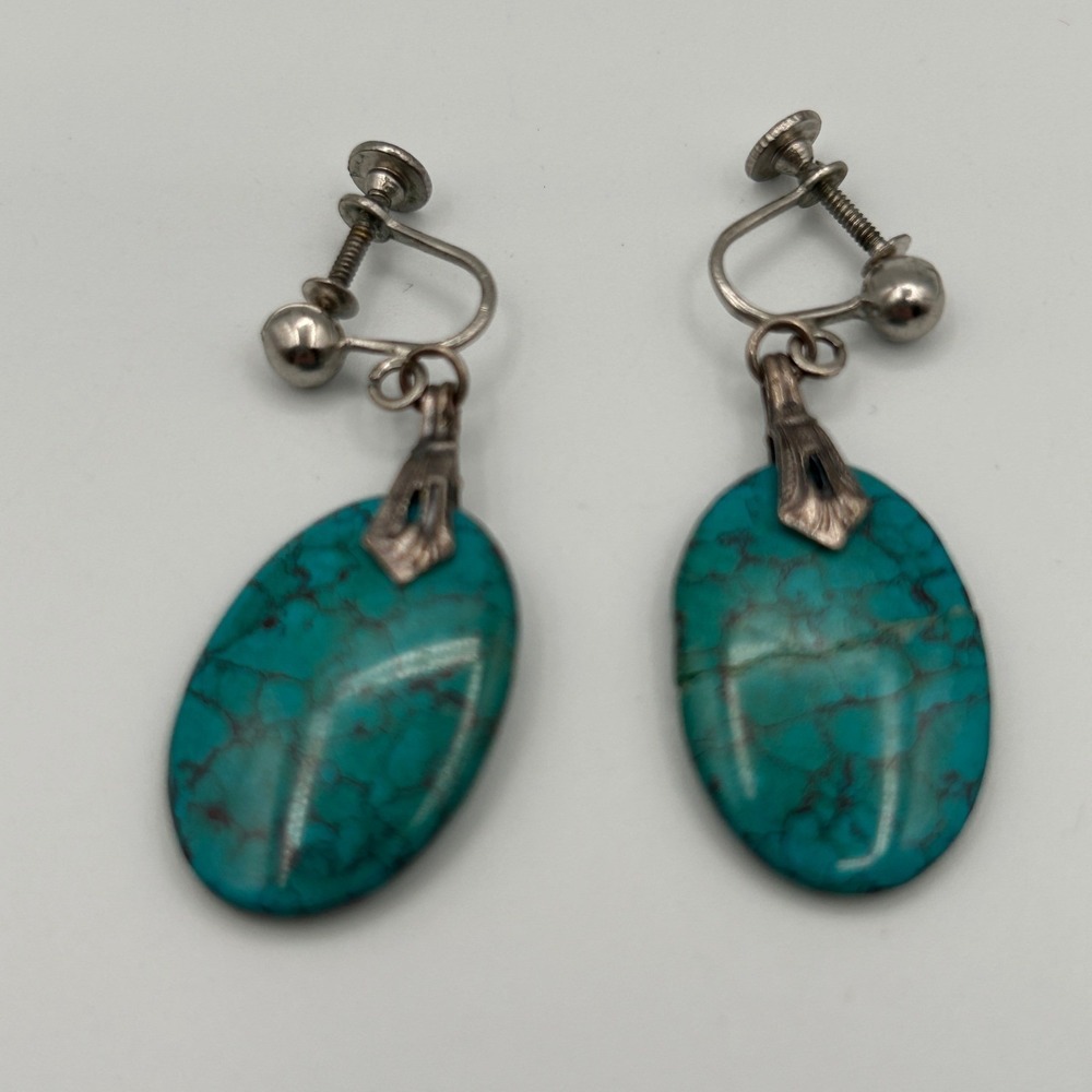 Faux Turquoise Oval Screw Back Earrings Silver Tone Drop Dangle Southwestern
